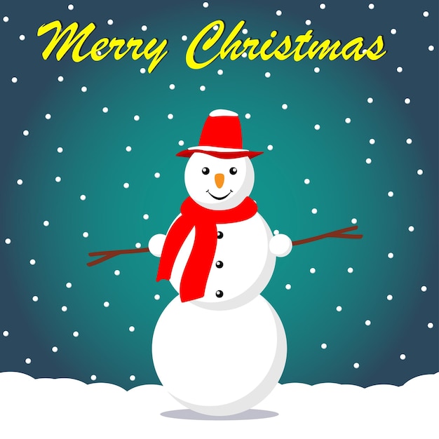 Cartoon cute snowman in a cap and scarf on snowy christmas winter background Vector illustration