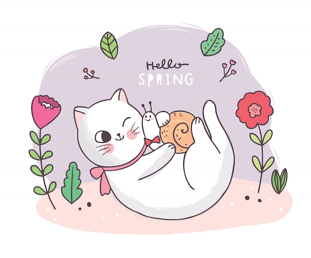 Cartoon cute spring, cat and snail and flower