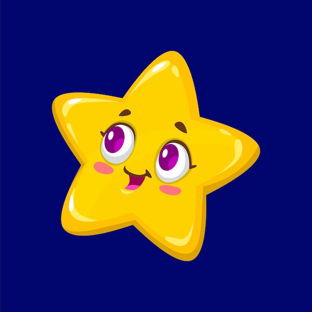 Cartoon cute star character with cheerful expression Isolated vector yellow starshaped body smiling playful face and pointy rays Kawaii adorable personage for weather forecast kids book or game