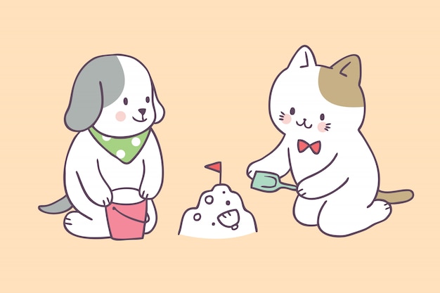 ベクトル 漫画かわいい夏の猫と犬が遊んで