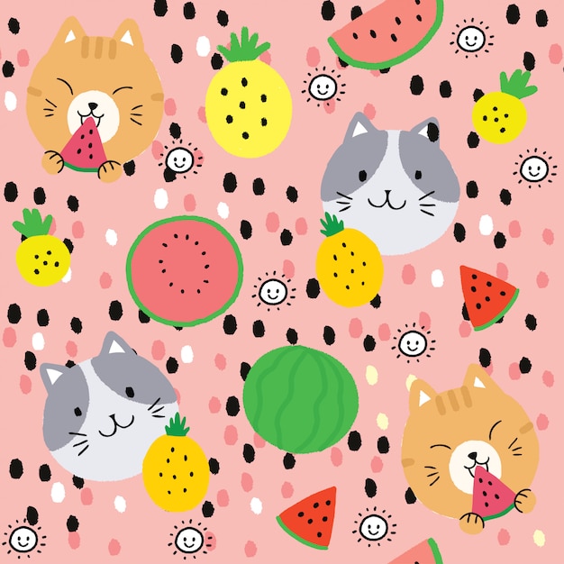 Cartoon cute summer cat and fruits seamless pattern