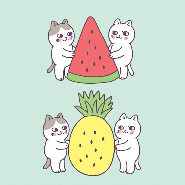 Cartoon cute summer cat and fruits