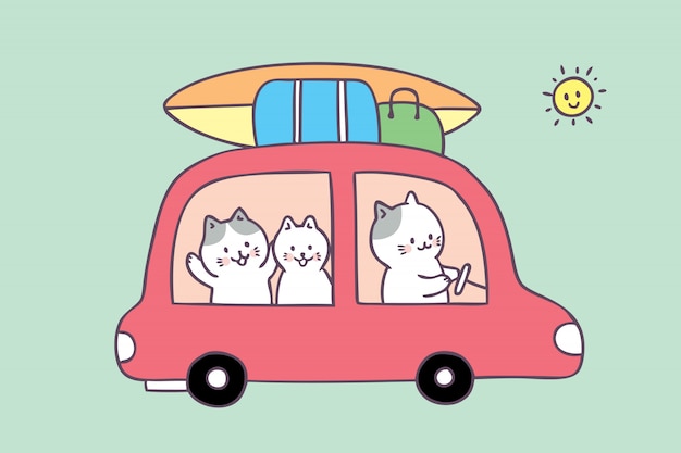 Vector cartoon cute summer family cat travel vector.