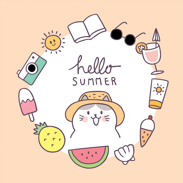 Cartoon cute summer frame cat vector.