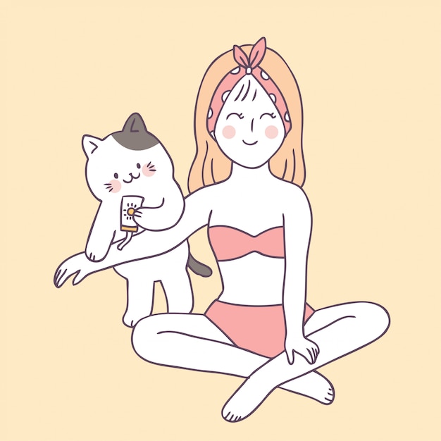 만화 귀여운 여름 여자와 고양이