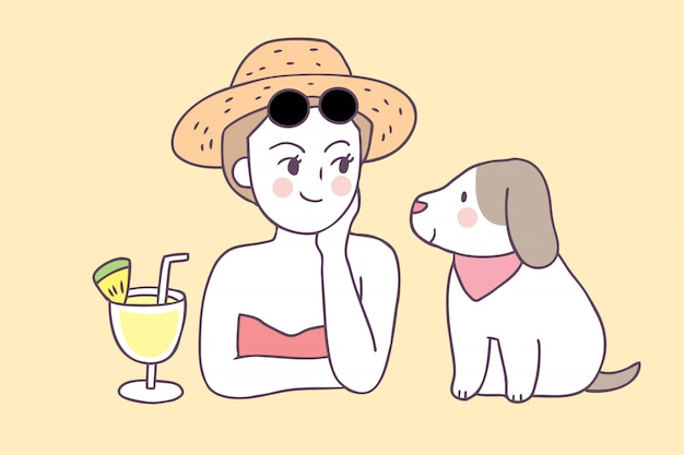 Cartoon cute summer woman and dog