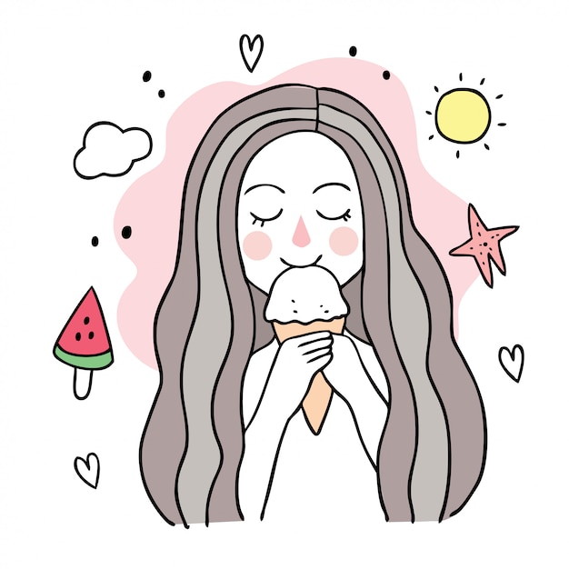 Cartoon cute summer woman eating ice cream.