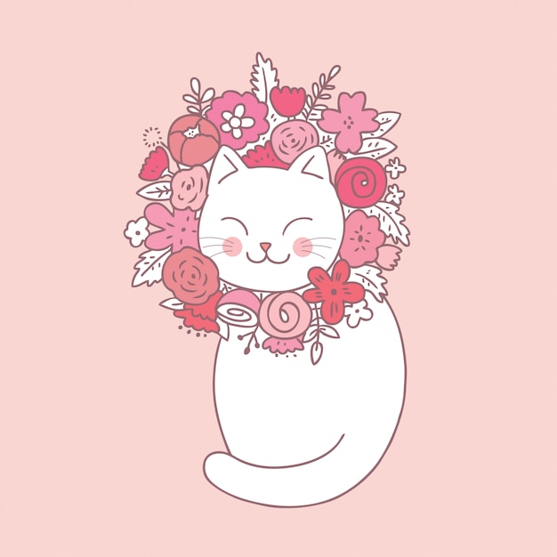 漫画かわいい甘い猫と花のベクトル。