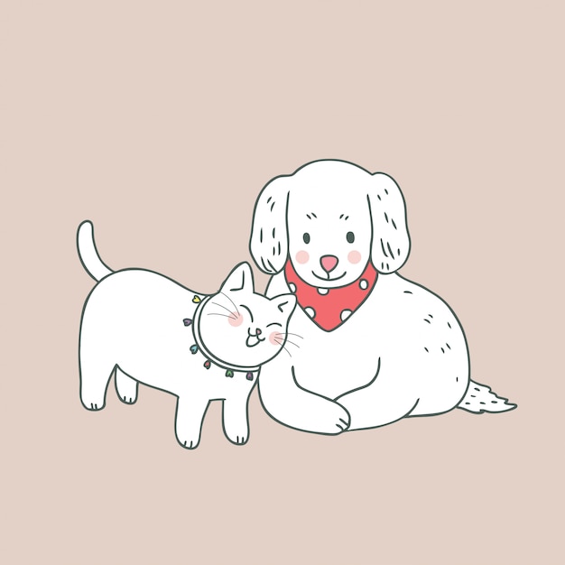 Cartoon cute sweet cat and dog 