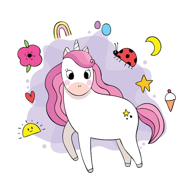 Fumetto carino dolce unicorno doodle vettoriale.