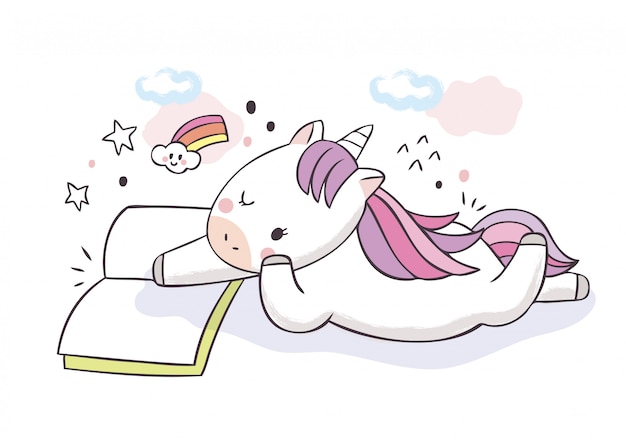 Cartoon cute sweet unicorn reading book .