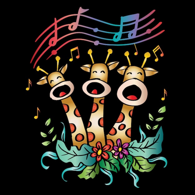 Cartoon cute three giraffe singing