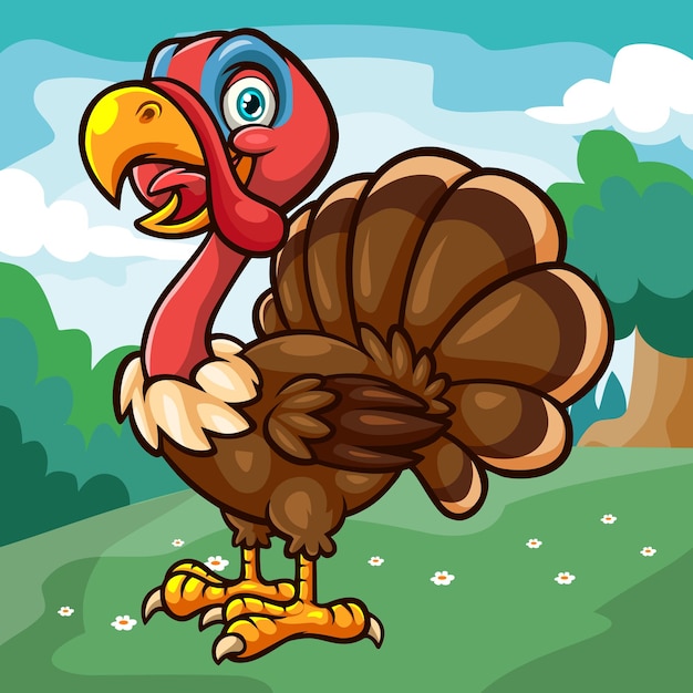 Vector cartoon cute turkey bird isolated on beautiful farm