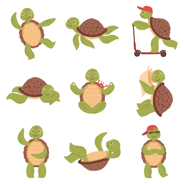 만화 귀여운 거북이, 재미있는 거북이 캐릭터. 행복한 작은 거북이 수영, 수면 또는 요가, 바다 수생 동물 벡터 세트. 모자를 쓰고 스쿠터를 타는 쾌활한 캐릭터