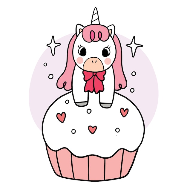 Cartoon cute unicorn and big cup cake vector