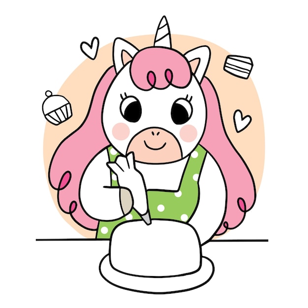 Cartoon cute unicorn cooking cake vector