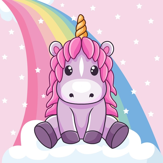 Cartoon carino unicorno mascotte isolato con vista cielo e arcobaleno