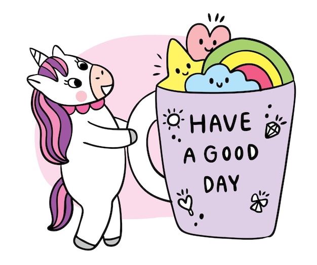 Vector cartoon cute unicorn and sweet coffee cup vector