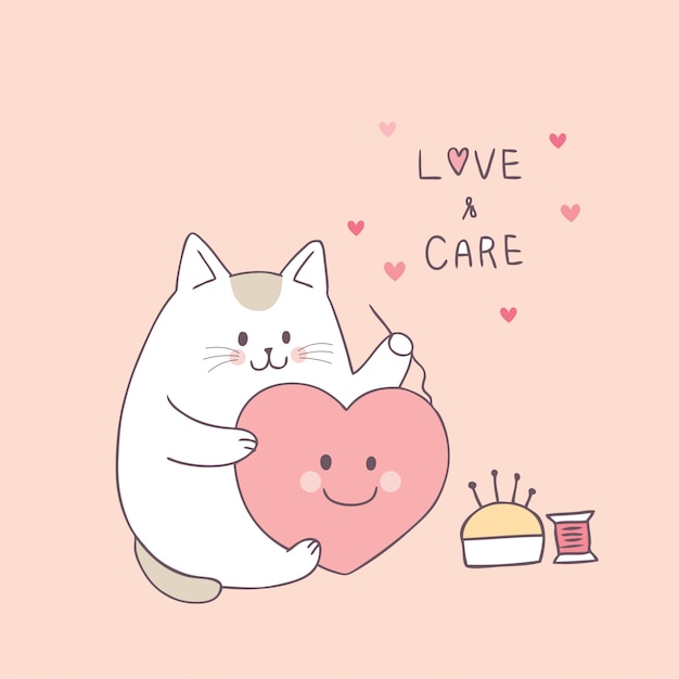 Cartoon cute Valentines day cat and love vector.