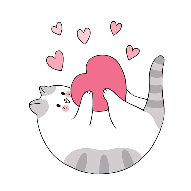 Cartoon cute Valentines day cat playing hearts  vector.