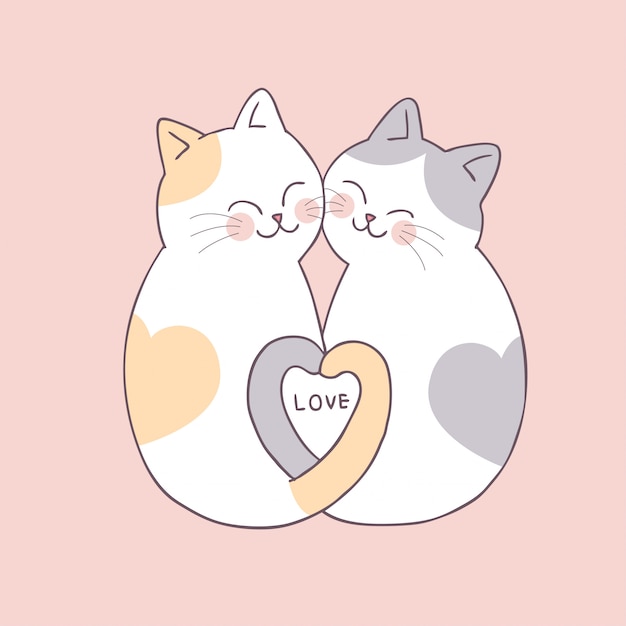 벡터 만화 귀여운 발렌타인 커플 고양이 벡터.