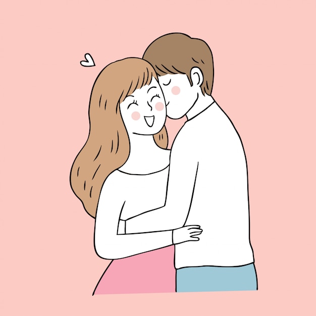 Cartoon cute Valentines day couple kiss vector.