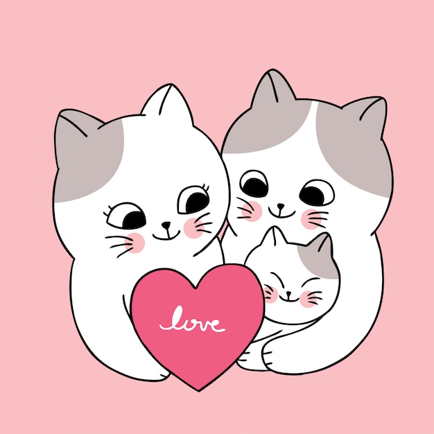 Cartoon cute Valentines day family white cats and heart vector.