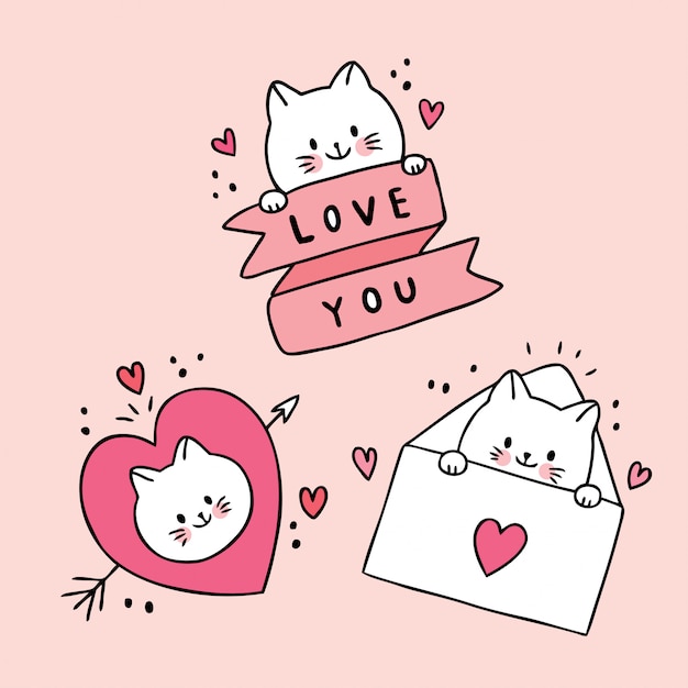 Vector cartoon cute valentines day white cats and doodle love vector.