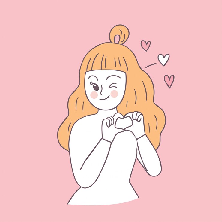 귀여운 발렌타인 여자와 사랑 벡터 만화.