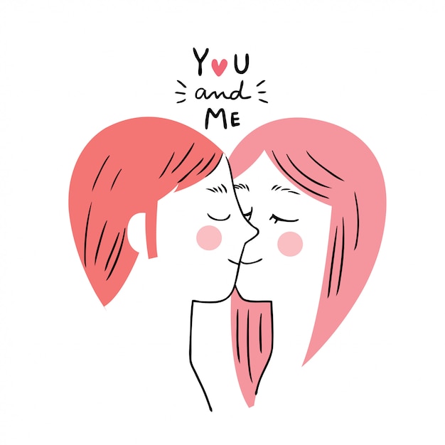 Cartoon cute Valentines day woman and man lover kissing .