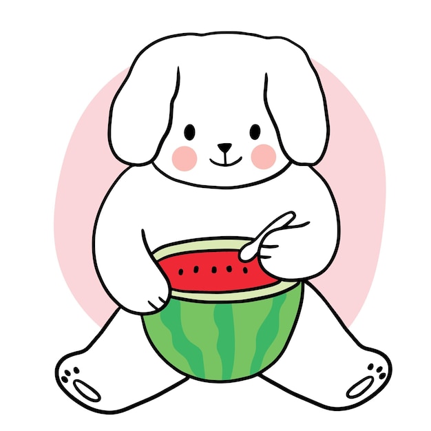 Cartoon cute white dog eat watermelon vector