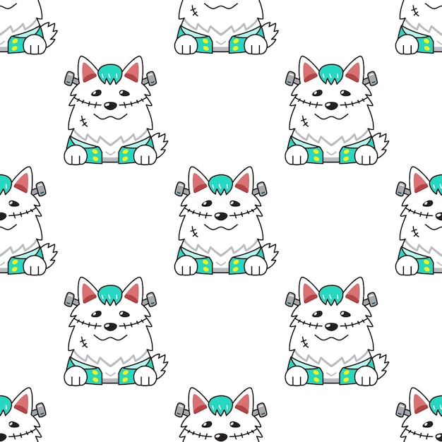 Vector cartoon cute white dog with halloween costume seamless pattern background