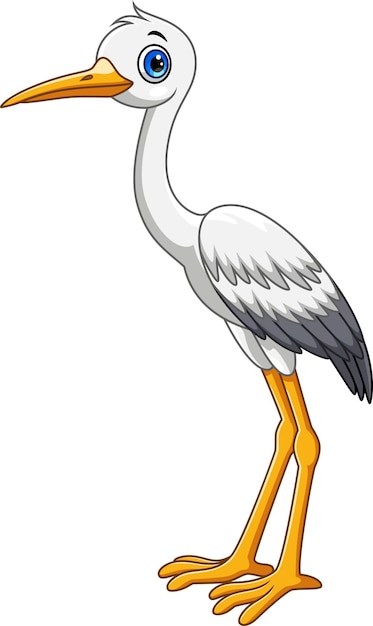 Vector cartoon cute white stork bird on white background