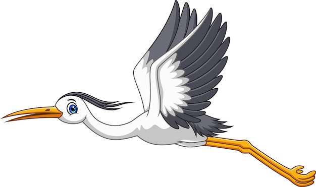 Vector cartoon cute white stork flyig on white background