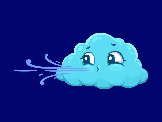 Cartoon cute wind weather character isolated vector light blue whimsical cloud blowing swirling air flows from mouth playful energetic and environmental friendly puffy personage for windy forecast