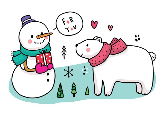 Cartoon cute winter, Snowman give gift for polar bear .