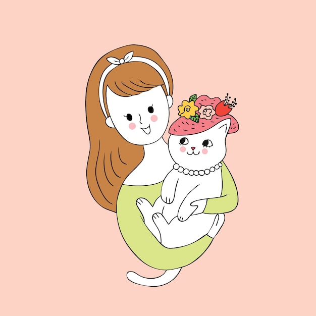 漫画かわいい女性と猫ベクトル。