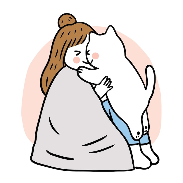 Cartoon cute woman hug and kiss cat vector