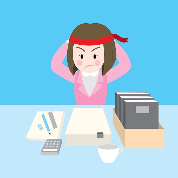 Cartoon cute working woman and job on table vector.
