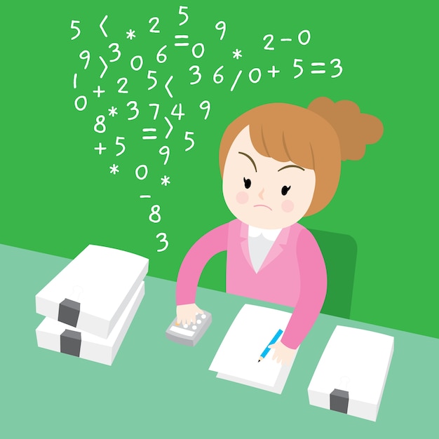 Cartoon cute working women are calculating vector.