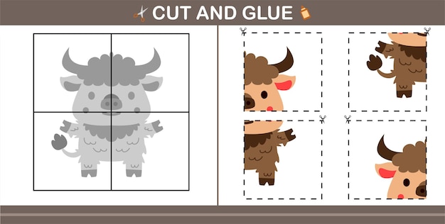 Cartoon cute yak.education paper game for kindergarten and preschool.cut and glue game