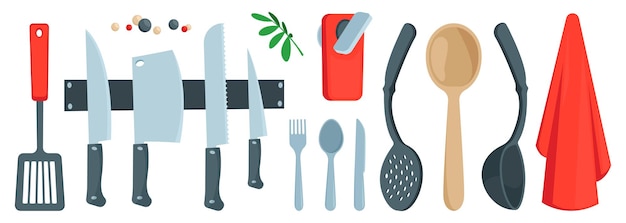 Set di posate da cartone animato utensili da cucina cucina forchetta cucchiaio coltello setaccio spatola spatola con foro piatto utensili da cottura set isolato vettoriale di utensili di cucina illustrazione