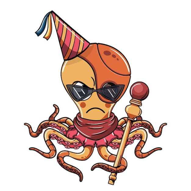 벡터 만화 사이보그 문어 캐릭터가 생일 모자로 축하하고 홀을 들고 있습니다.