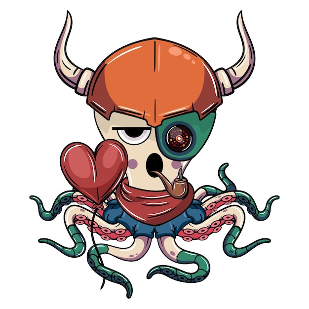 Вектор Мультяшный киборг-осьминог со шлемом викинга, сердечным шаром и курительной трубкой