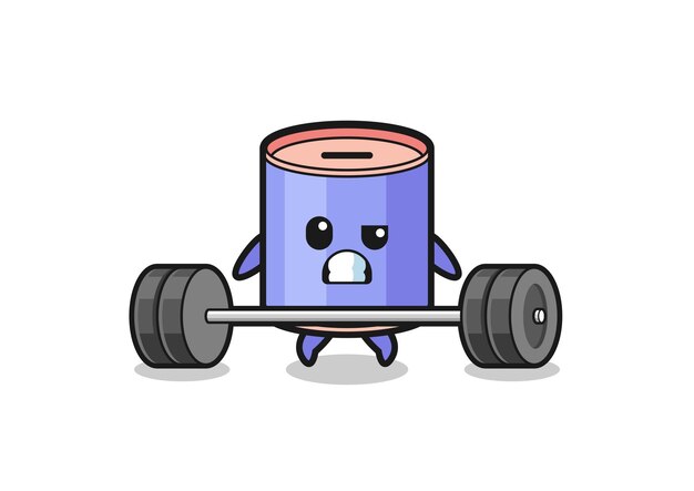 Cartoon of cylinder piggy bank lifting a barbell