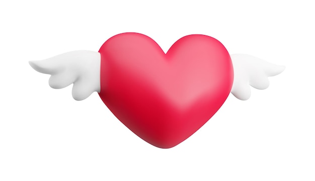 Cartoon d red heart with cute white angel wings vector happy valentines day icon realistic d render