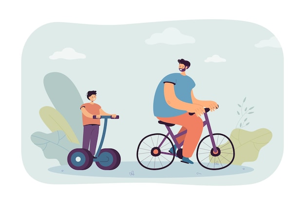 Cartoon dad riding bike and son on personal electric transport. man and boy using ecological transport outside flat illustration