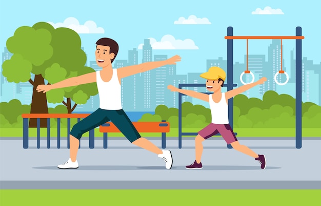 Cartoon dad and son do sports on playground