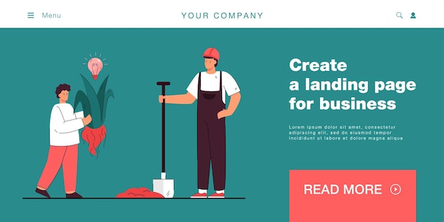 Cartoon dad with shovel and son planting idea in garden. Little boy putting plant with lightbulb in ground flat vector illustration. Family, nature, innovation concept for banner or landing web page