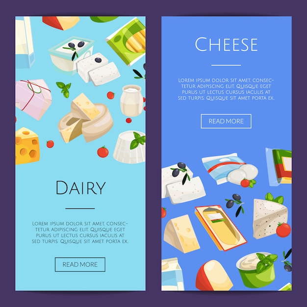 Мультфильм молочные и сырные продукты веб-баннер шаблоны иллюстрации